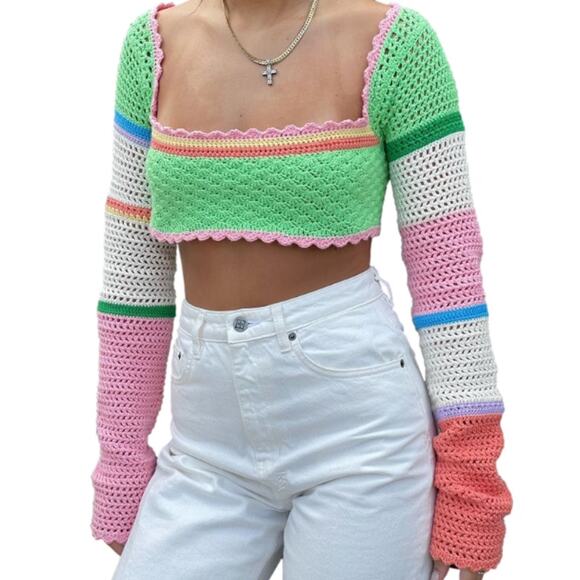 Women's Cropped Knitted Multicolor Long Sleeve Cropped Top - Picture 2 of 4